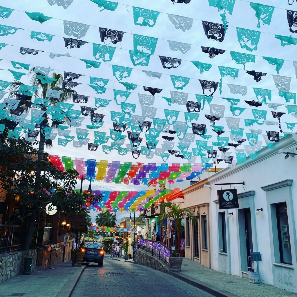 Papel picado banners strung over a street in Los Cabos