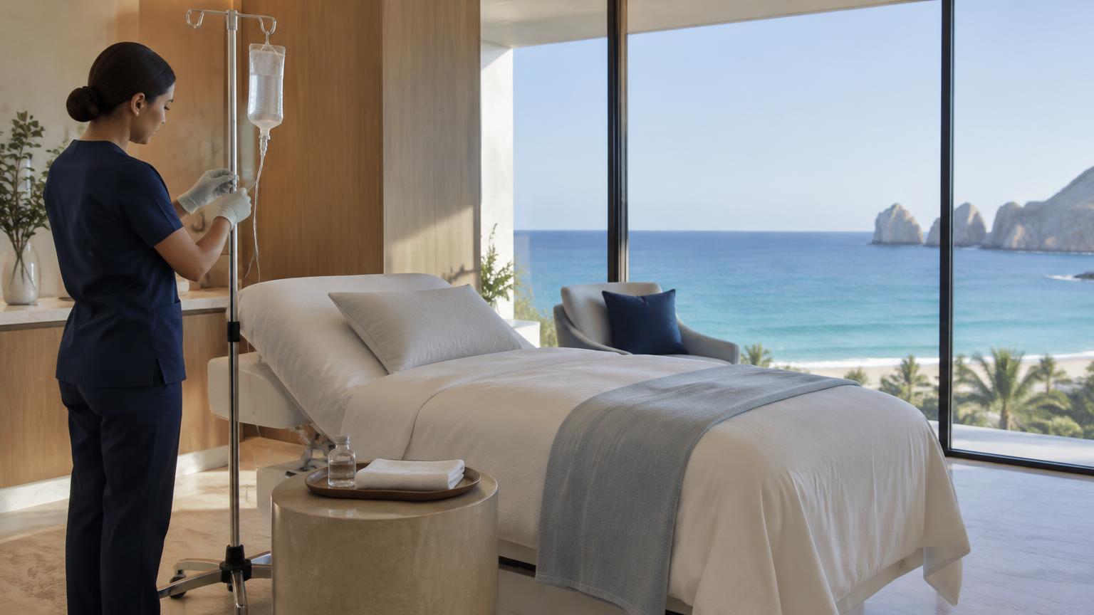 Stem cell treatment room with an IV stand and an ocean view